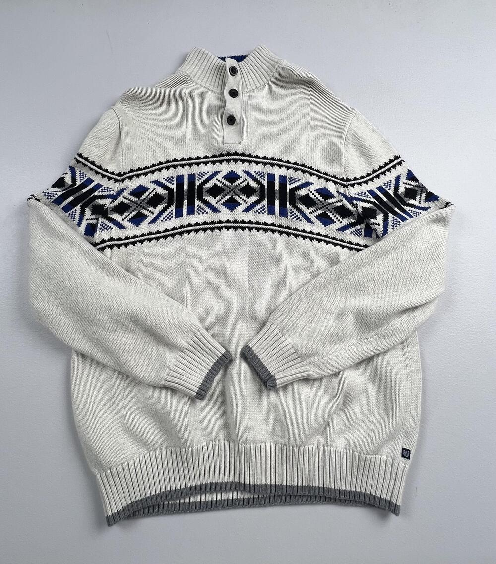 Vintage Chaps Sweater Mens Large Gray Fair Isle Mock Neck Henley Knit Pullover